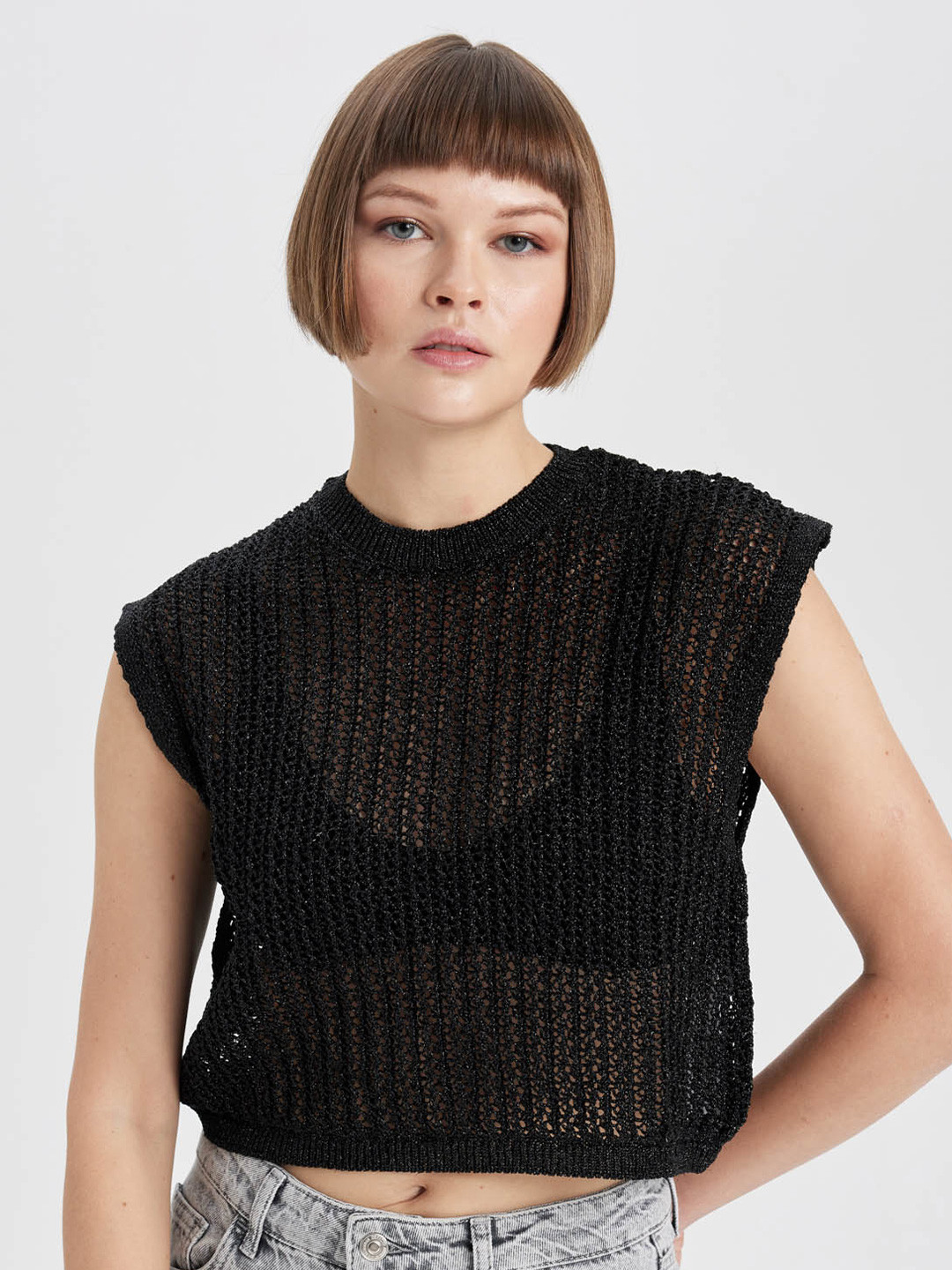 

DeFacto Self Design Sleeveless Semi Sheer Crop Top, Black