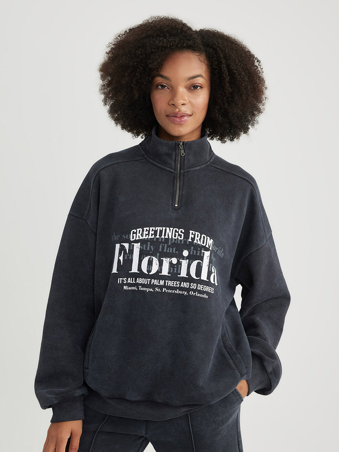 

DeFacto Typography Printed Mock Collar Half Zipper Pullover Sweater, Black