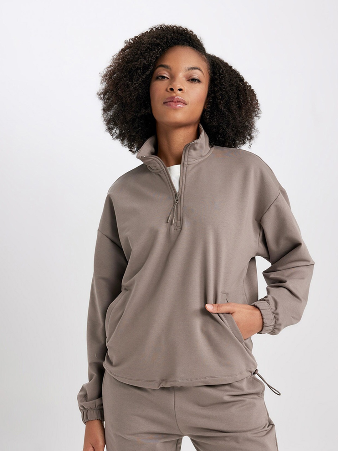 

DeFacto Half Zipper Mock Collar Pullover Sweater, Beige