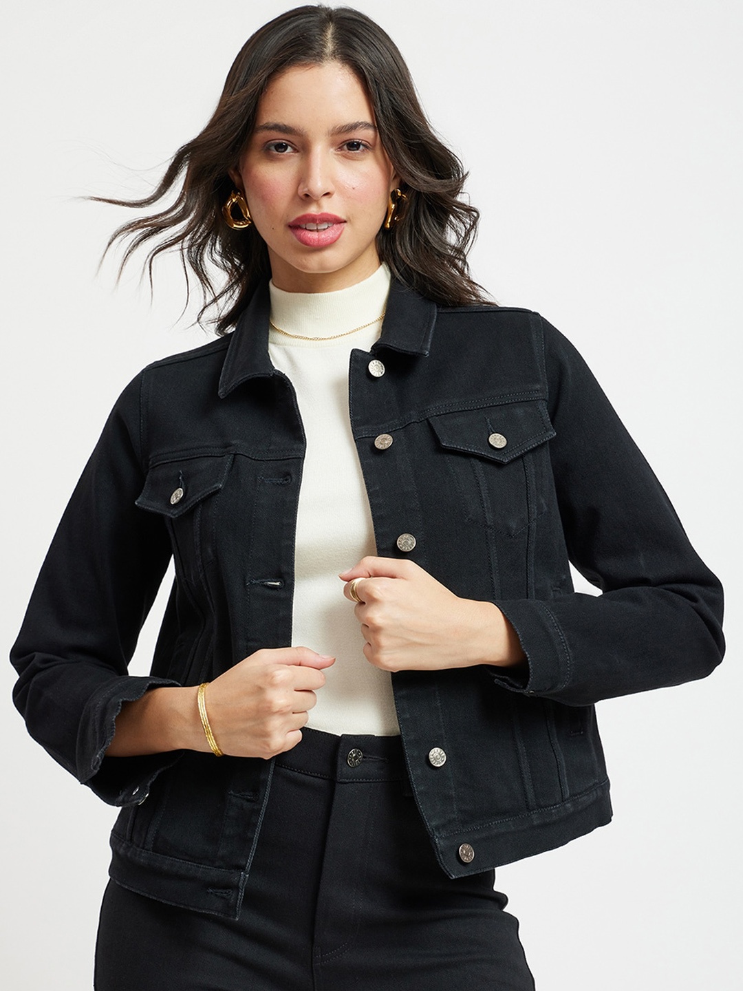 

FableStreet Spread Collar Cotton Denim Jacket, Black