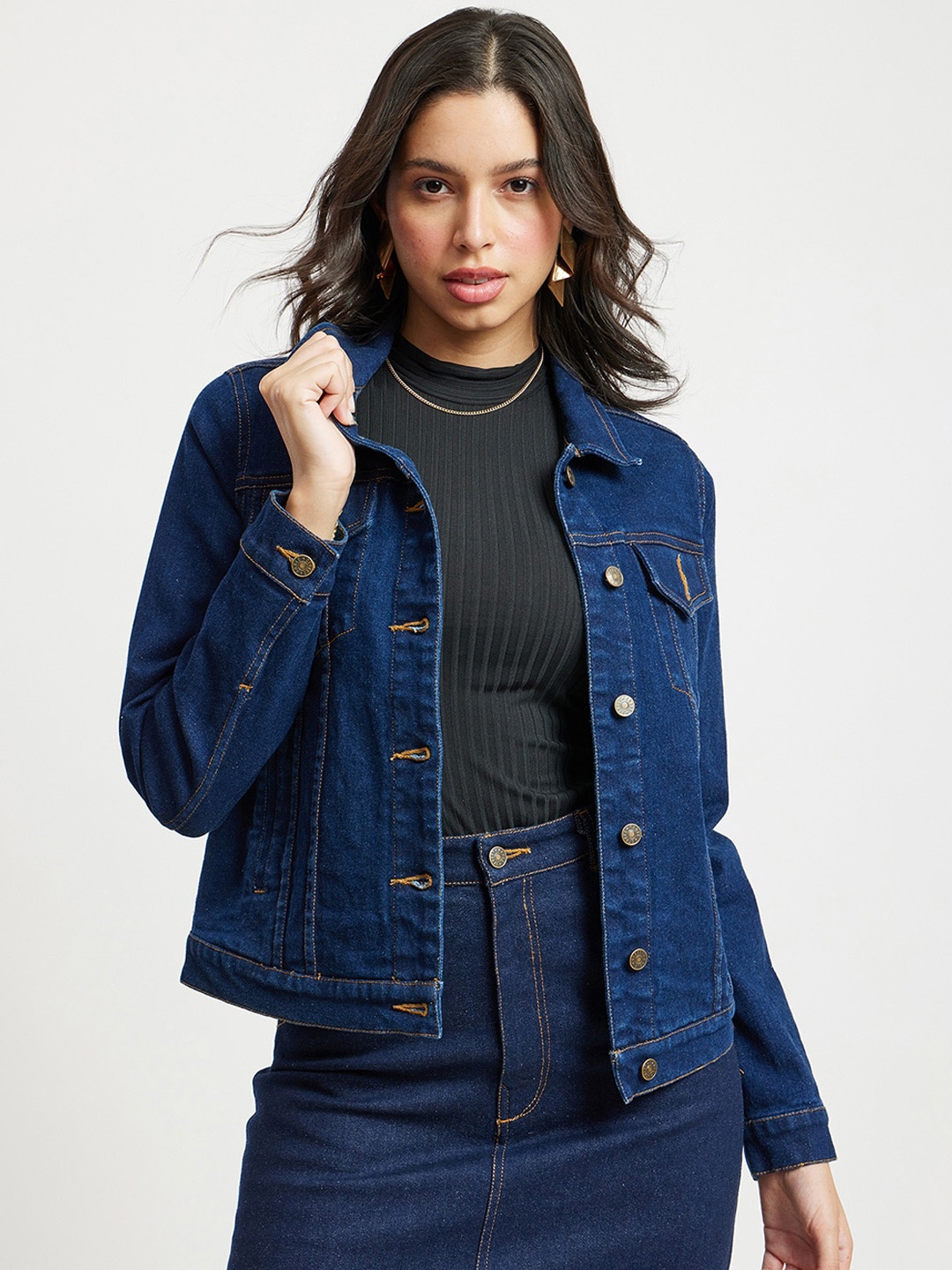 

FableStreet Spread Collar Crop Cotton Denim Jacket, Navy blue