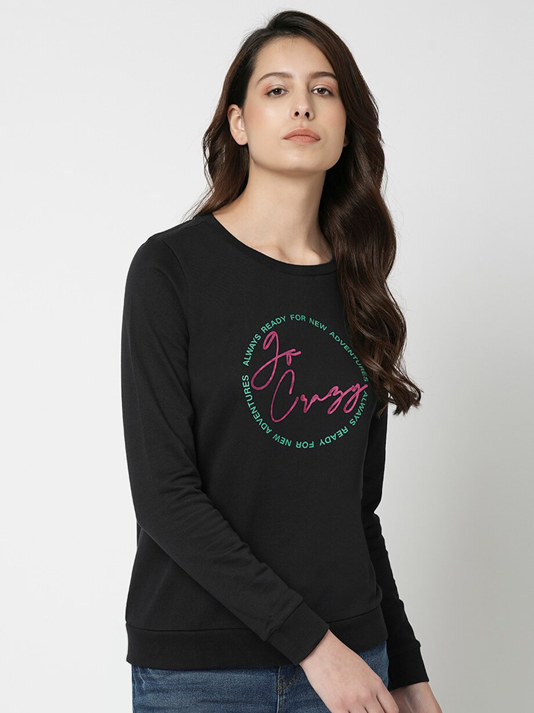 

Vero Moda Typography Printed Long Sleeves Pure Cotton Pullover, Black