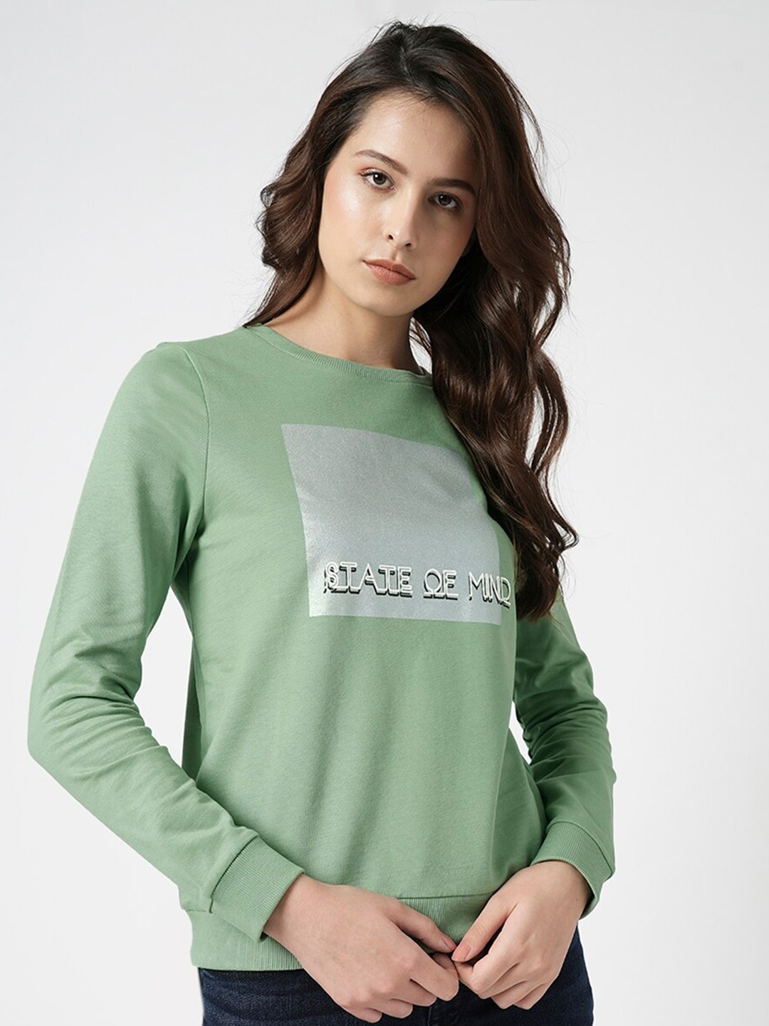 

Vero Moda Typography Printed Long Sleeves Pure Cotton Pullover, Green