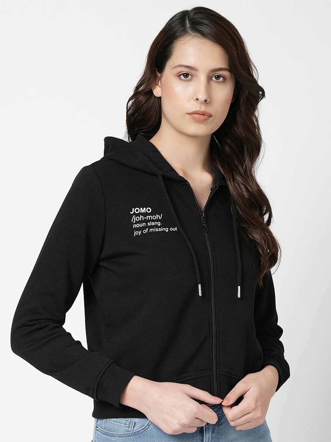 

Vero Moda Typography Printed Long Sleeves Hooded Front-Open Sweatshirt, Black