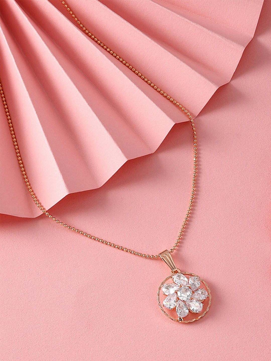 

AMI Rose Gold-Plated CZ-Studded & Floral Shape Pendant With Chain-ZPFK16968