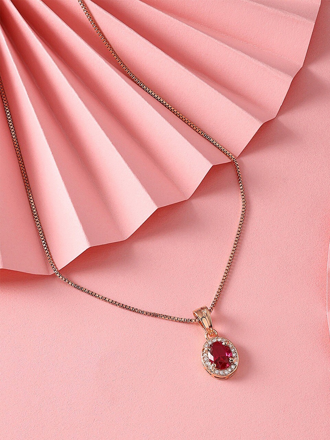 

AMI Rose Gold-Plated CZ-Studded & Contemporary Shape Pendant With Chain, Pink