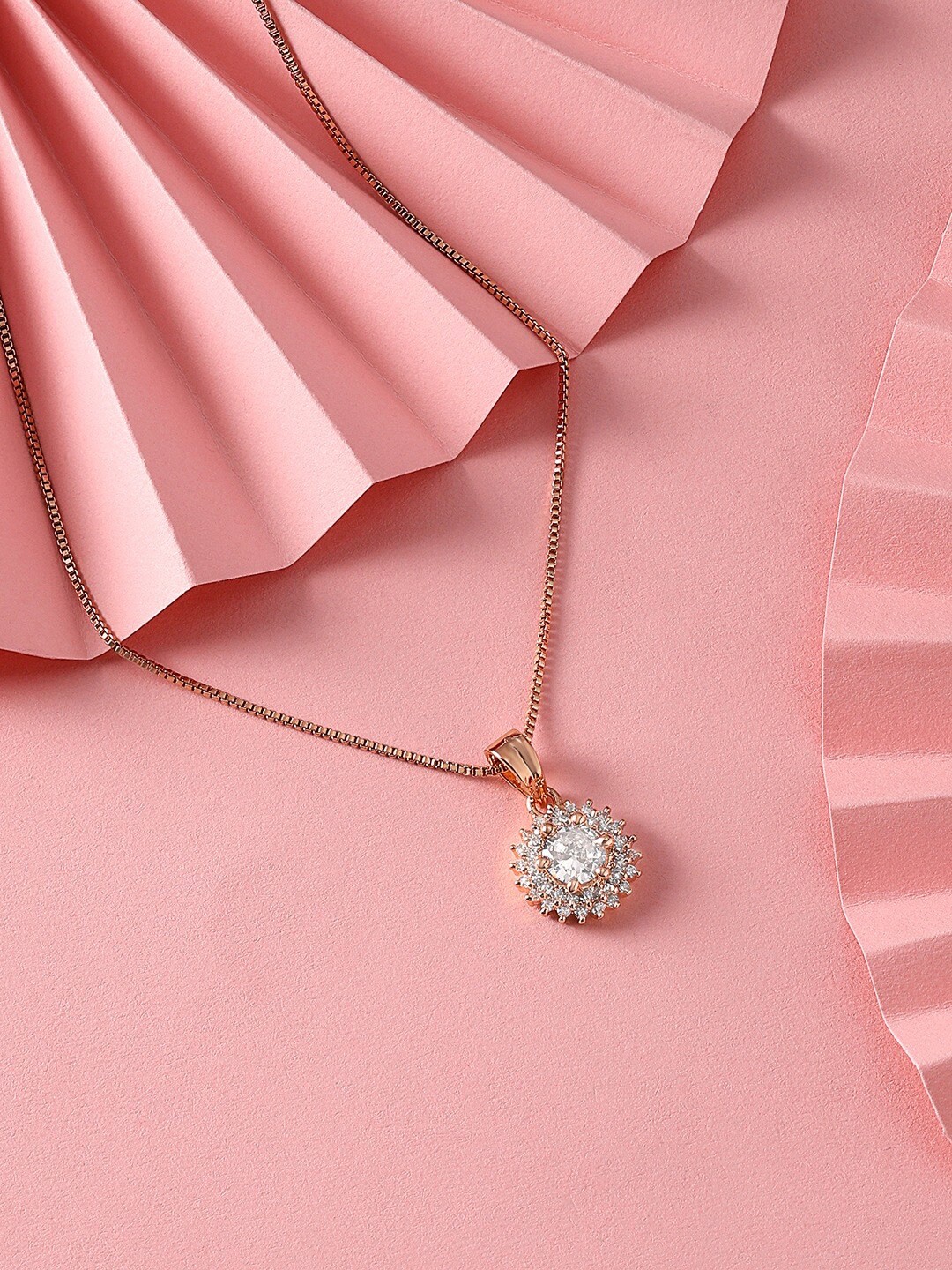 

AMI Rose Gold-Plated CZ-Studded Embellished Pendant With Chain
