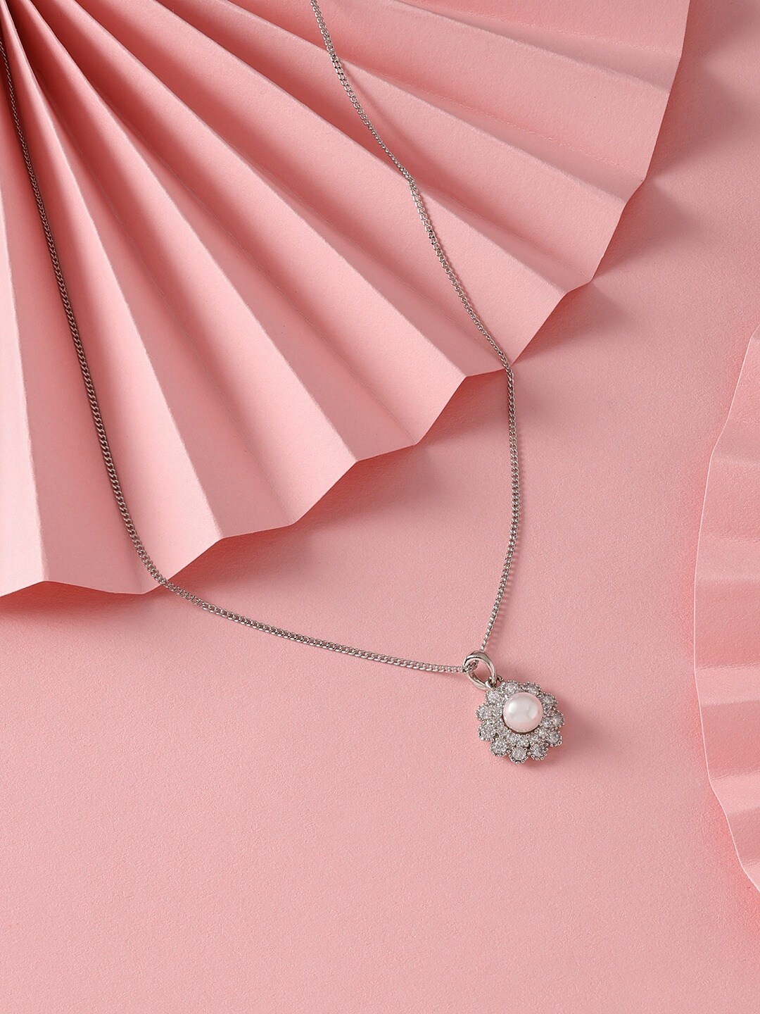 

AMI Silver-Plated Cubic Zirconia Studded Floral Shaped-Charm Pendant With Chain