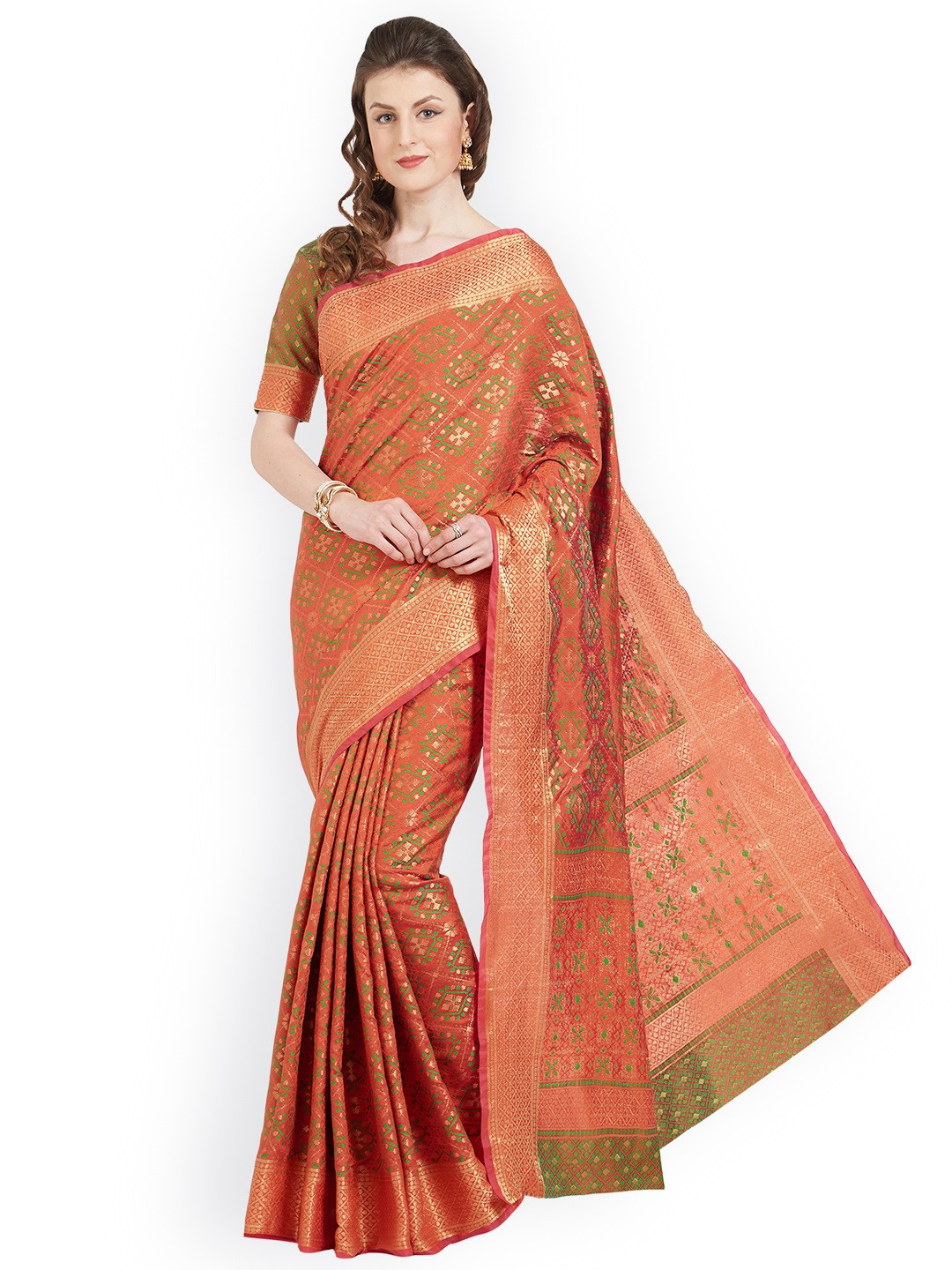 

Kvsfab Rust & Green Silk Cotton Woven Design Saree