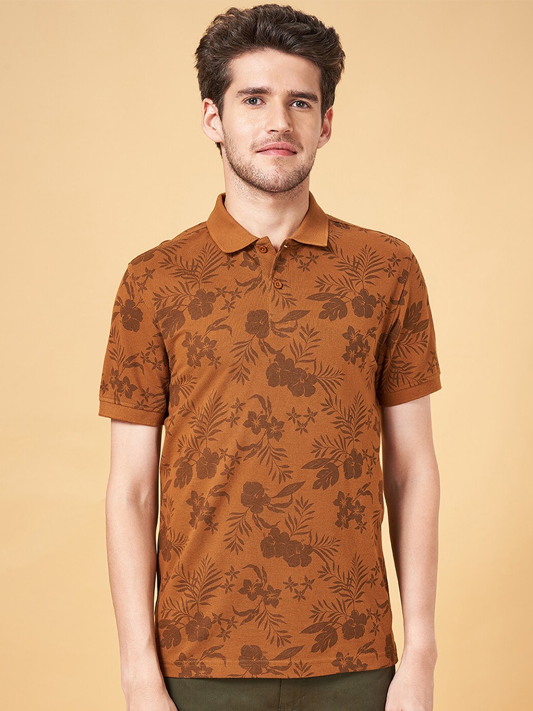 

BYFORD by Pantaloons Floral Printed Polo Collar Slim Fit T-shirt, Brown