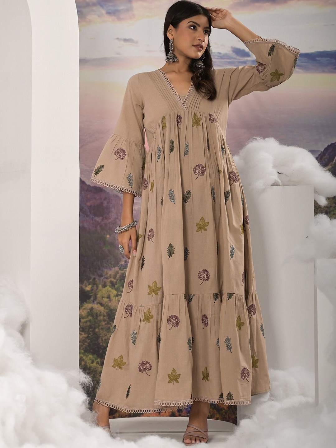 

The Kapas Embroidered V-Neck Flared Sleeves Empire Cotton Ethnic Dress, Beige