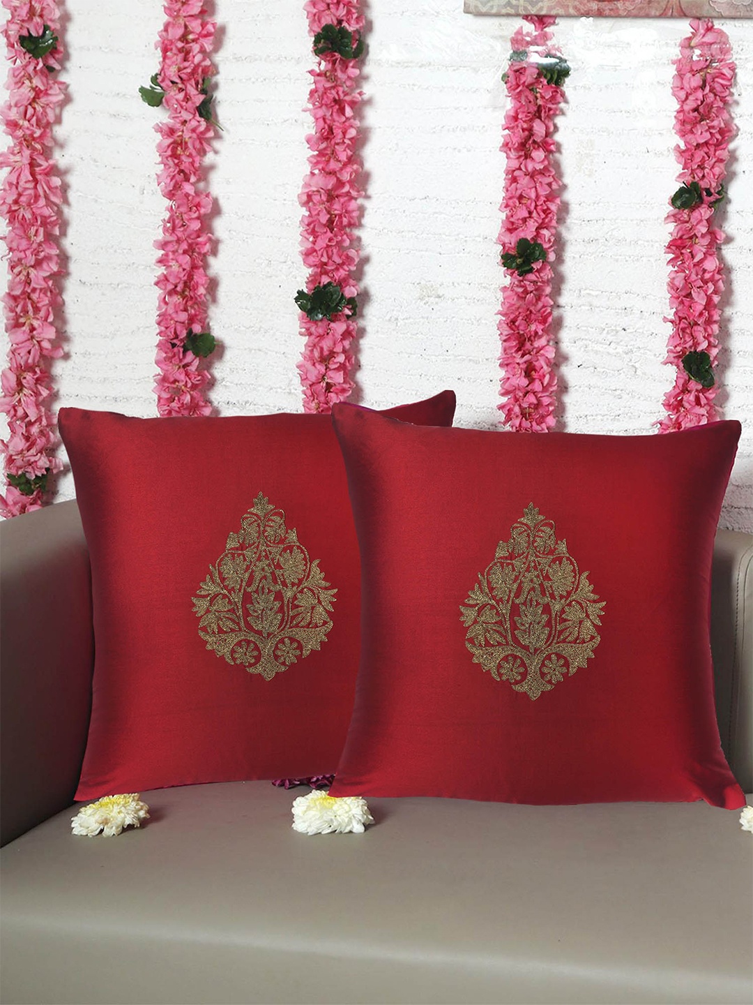 

ZEBA Red & Beige 2 Pieces Square Cushion Covers