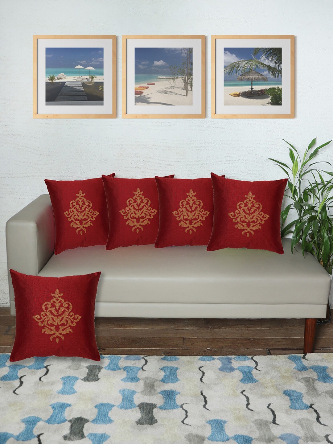 

ZEBA Red & Gold Toned 5 Pieces Square Cushion Covers