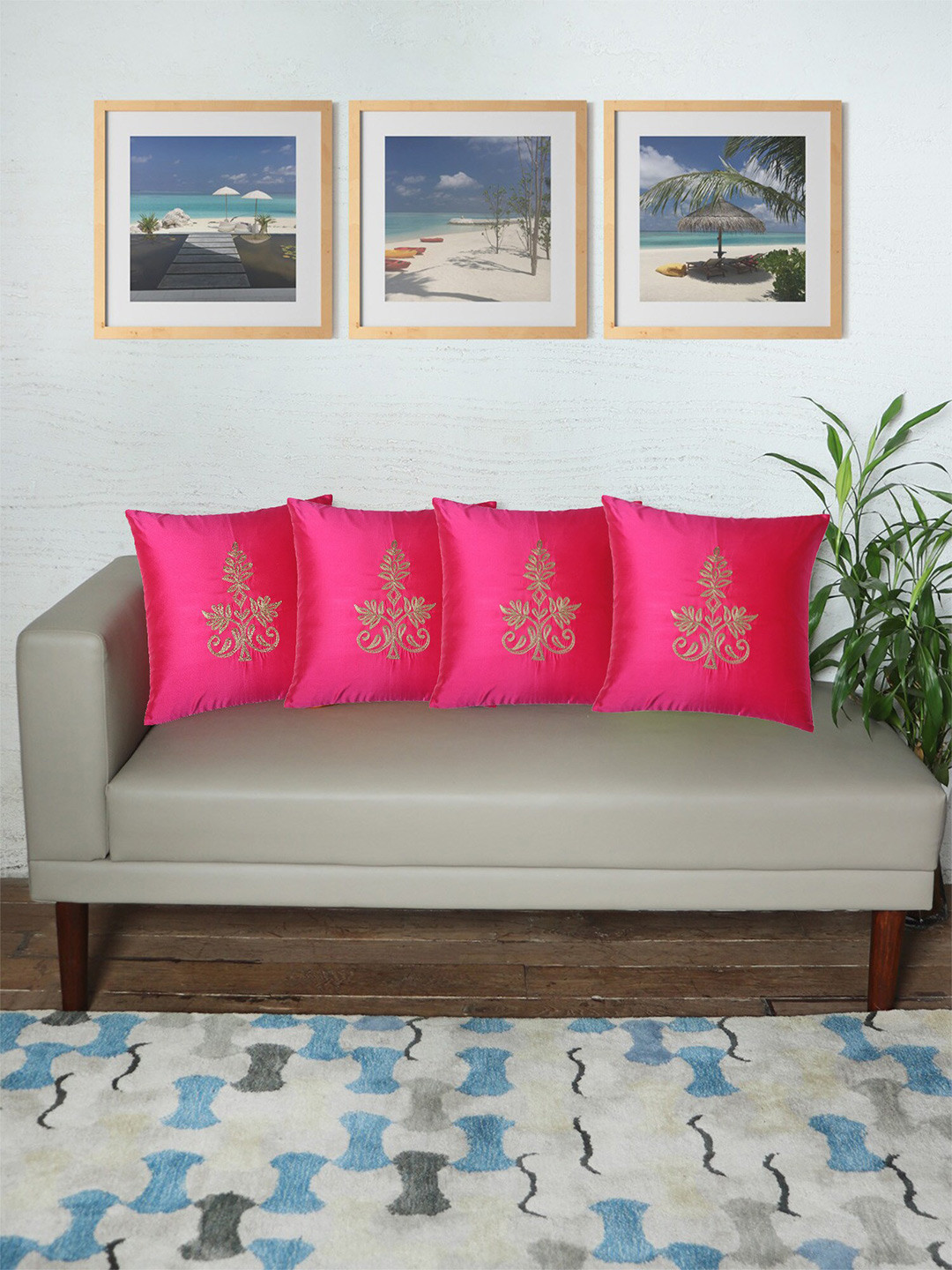 

ZEBA Pink & Gold Toned 4 Pieces Square Cushion Covers