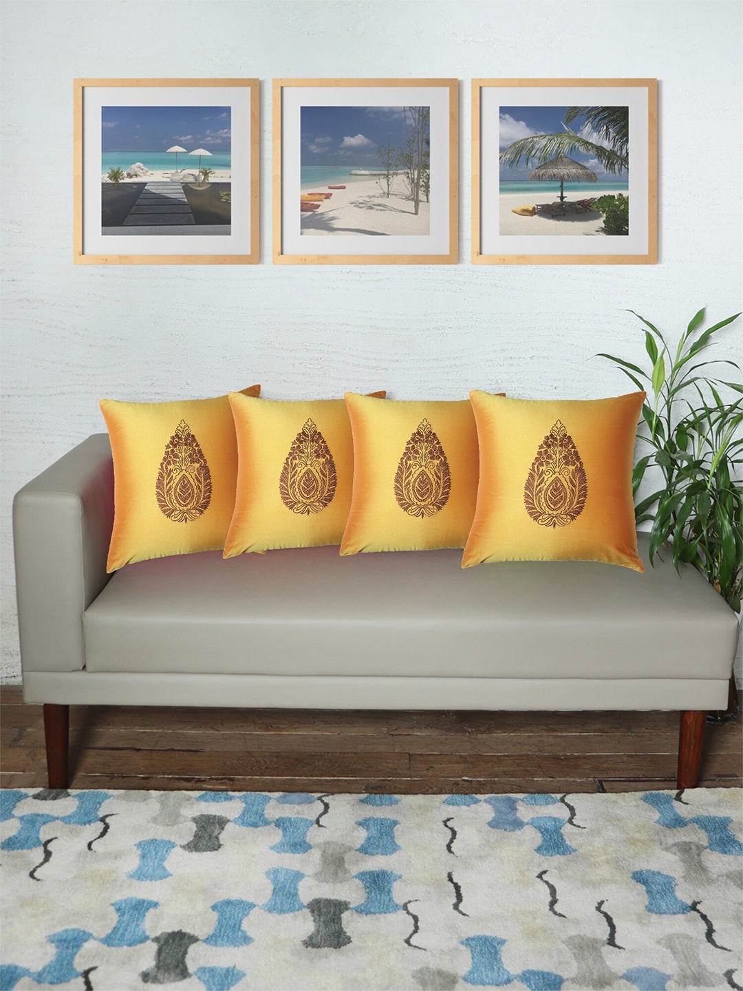 

ZEBA Yellow & Brown 4 Pieces Square Cushion Covers