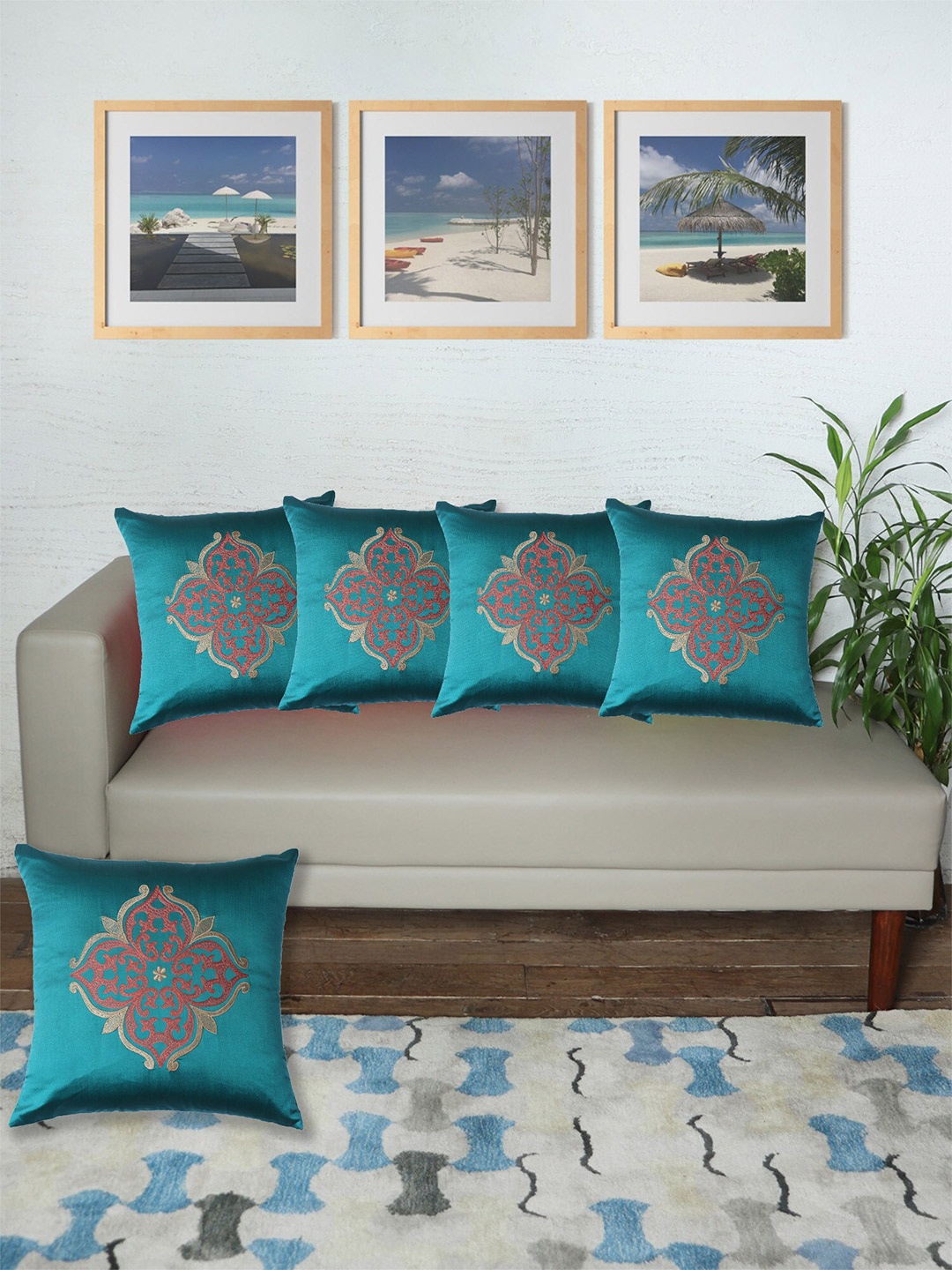 

ZEBA Teal & Red 5 Pieces Square Cushion Covers