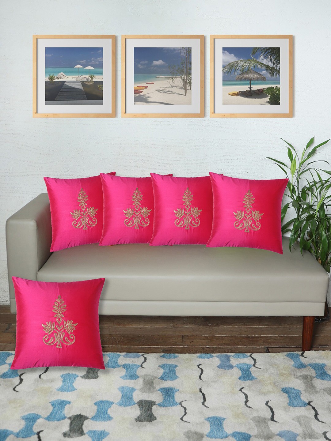 

ZEBA Pink & Gold Toned 5 Pieces Square Cushion Covers