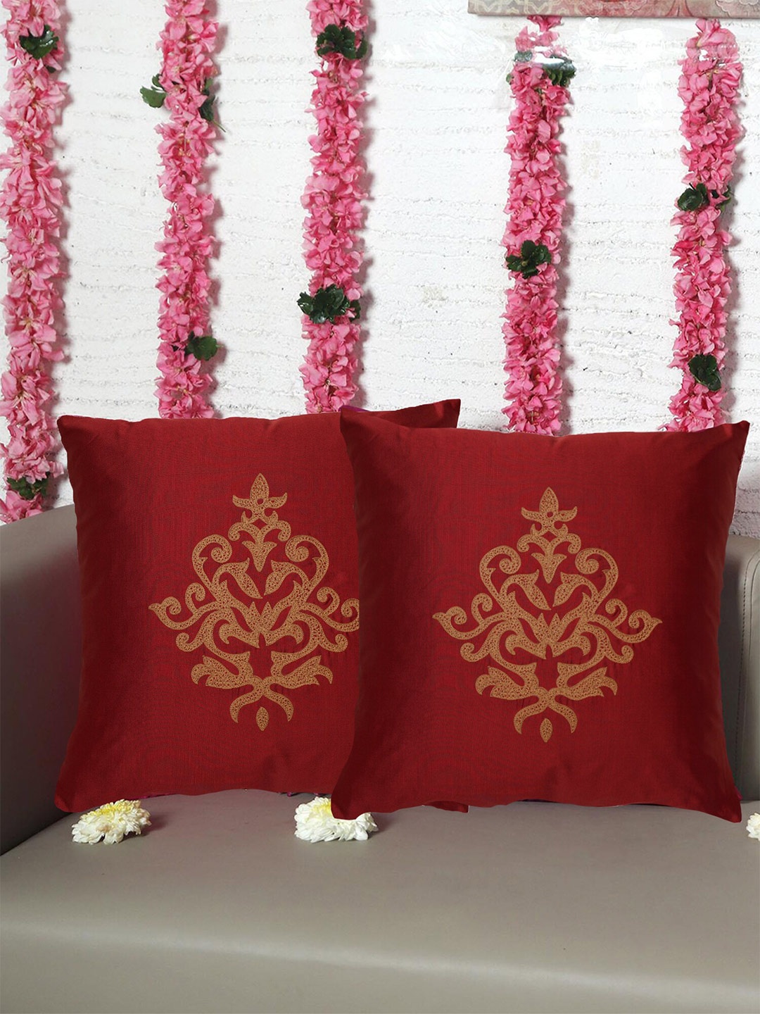 

ZEBA Maroon & Gold Toned 2 Pieces Square Cushion Covers