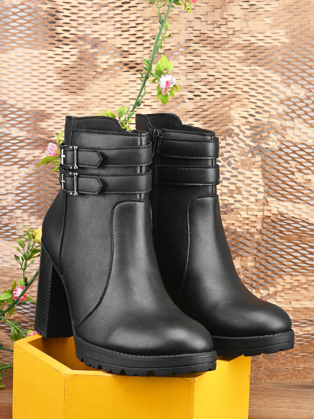 

The Roadster Lifestyle Co. Women Black Platform Heeled Buckle Detail Mid-Top Chunky Heels