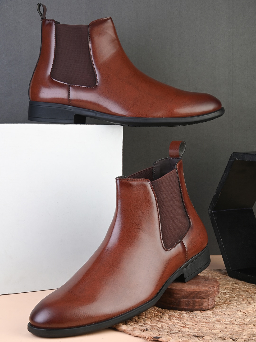 

The Roadster Lifestyle Co. Brown Faux Leather Round Toe Chelsea Boots