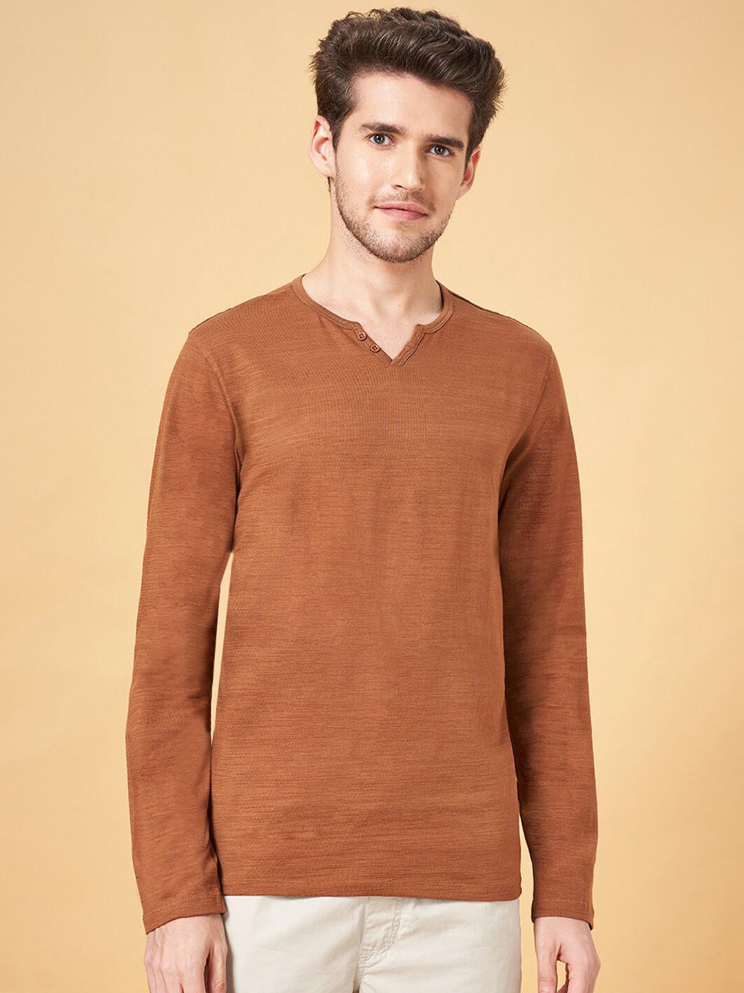 

Urban Ranger by pantaloons Henley Neck Cotton T-Shirt, Brown