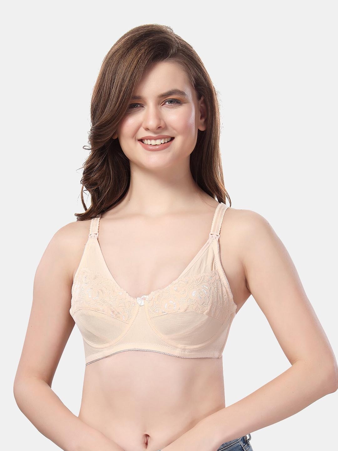 

Fabme Floral Lace Full Coverage Underwired Cotton Maternity Bra With All Day Comfort, Pink