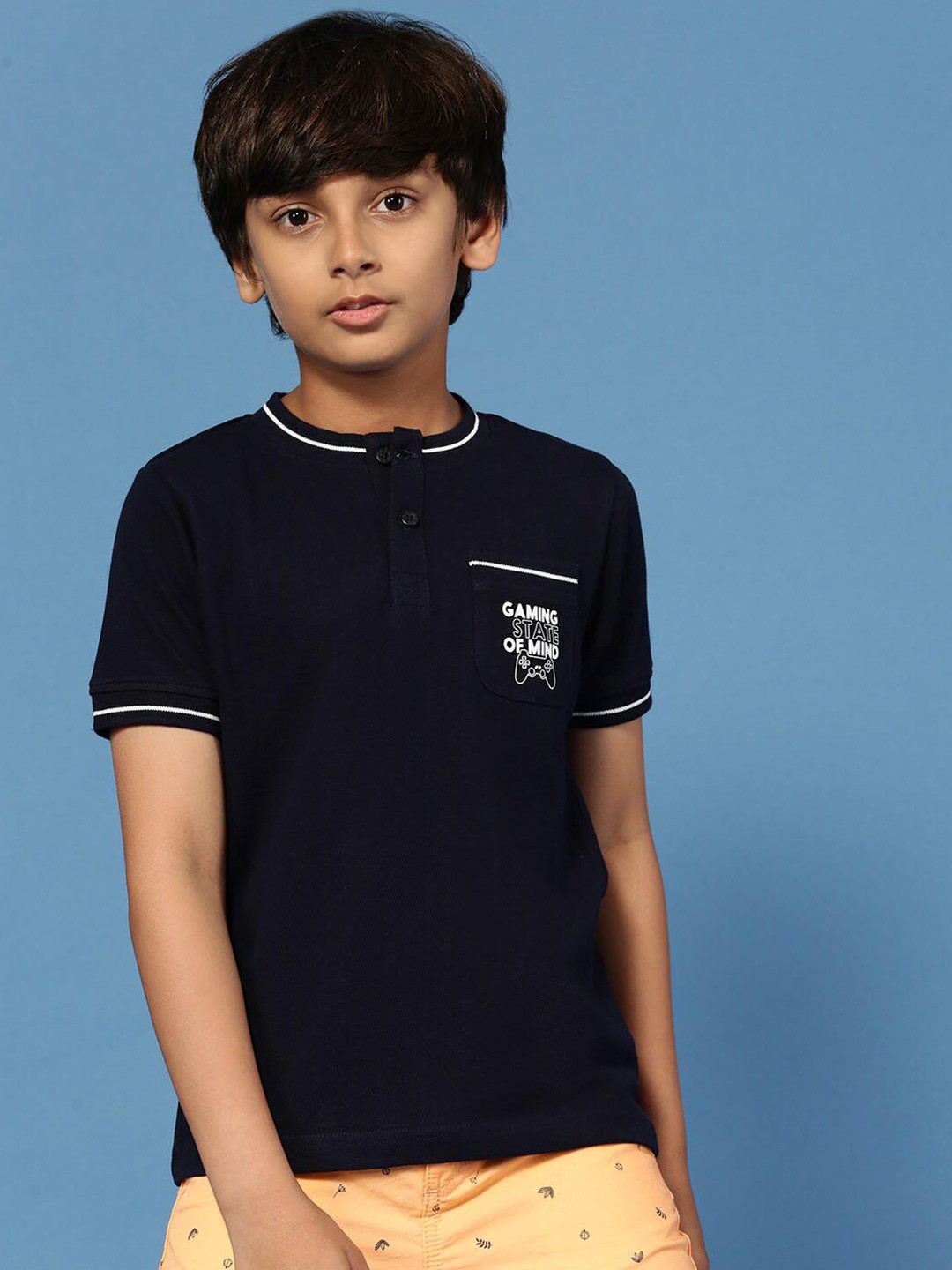 

PIPIN Boys Typography Printed Henley Neck Cotton T-shirt, Navy blue