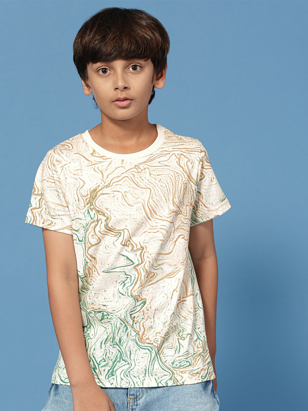 

PIPIN Boys Abstract Printed Crew Neck Cotton T-Shirt, Off white