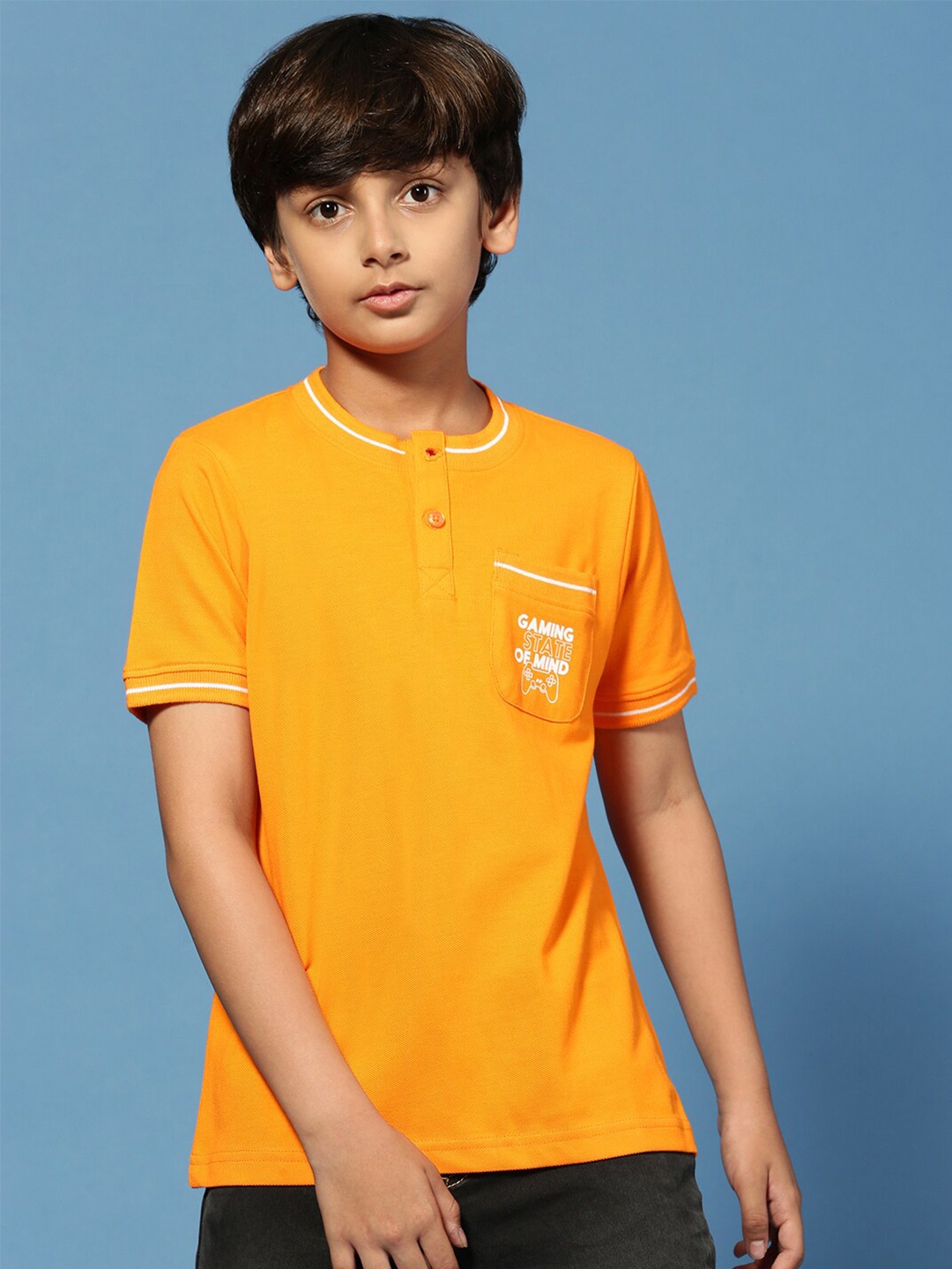 

PIPIN Boys Typography Printed Henley Neck Cotton T-shirt, Orange