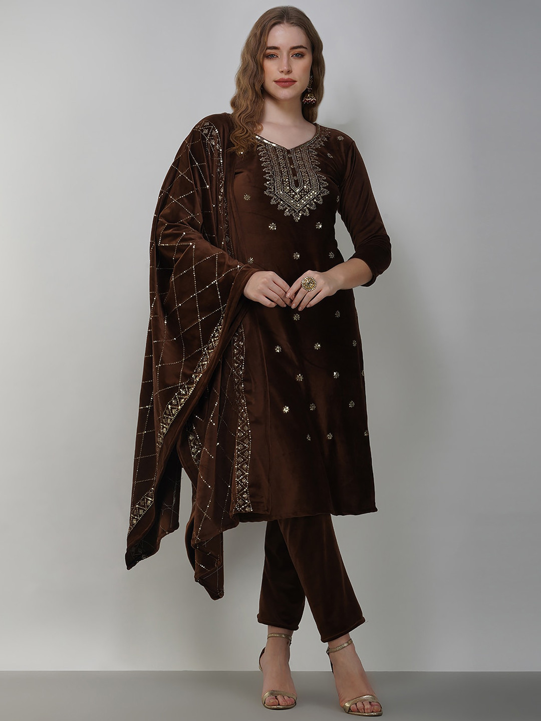 

Ziva Fashion Sequinned Embellished Kurta & Trousers With Dupatta, Brown