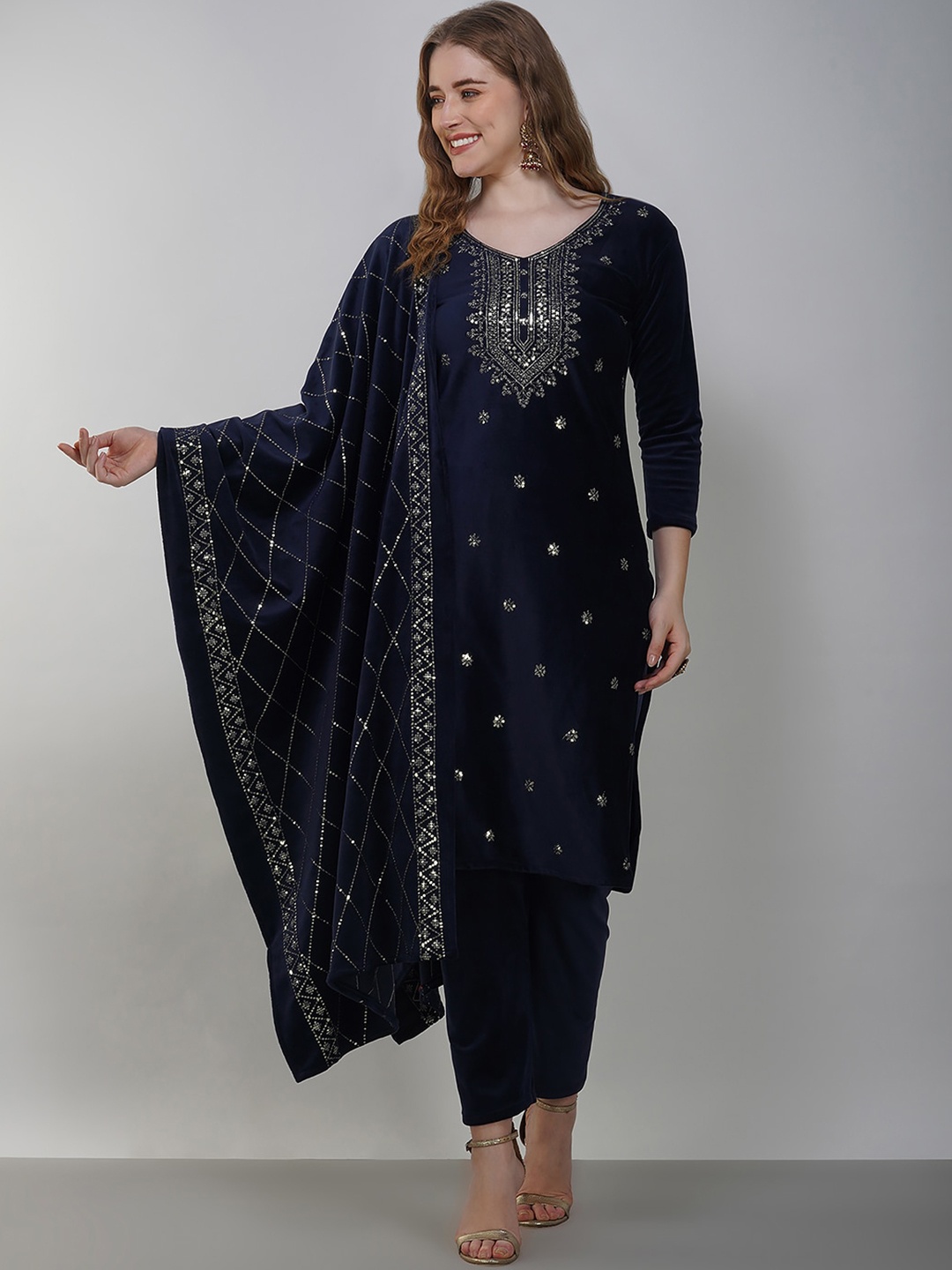 

Ziva Fashion Sequinned Emballeshied Kurta & Trousers With Dupatta, Navy blue