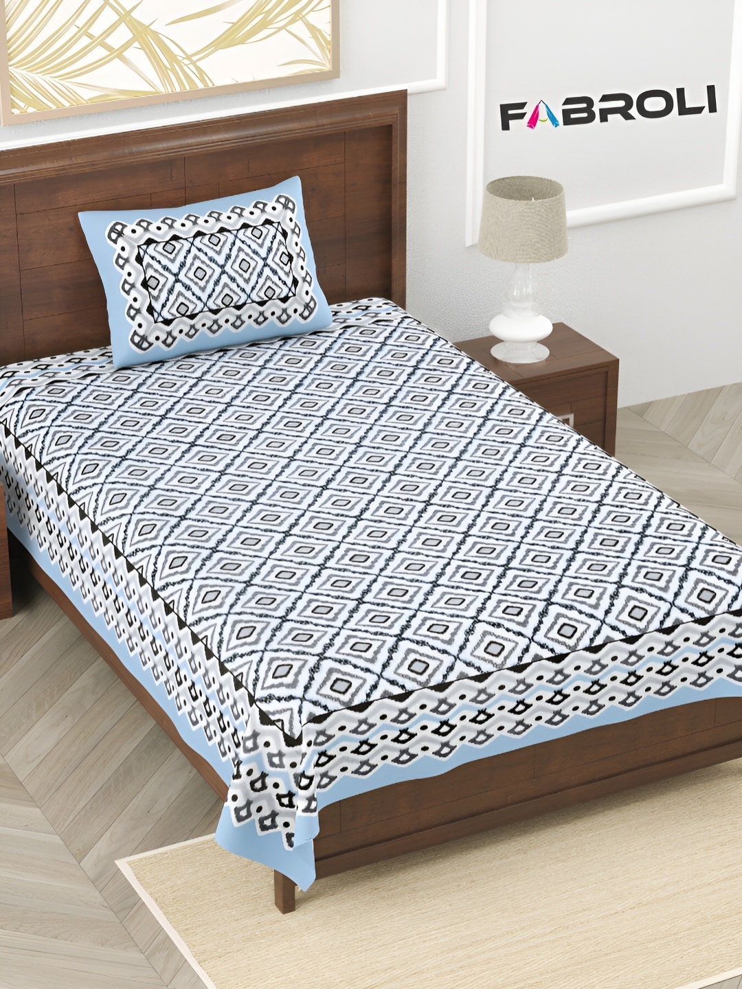 

FABROLI Blue &White Ethnic Motifs Cotton 240 TC Single Bedsheet with 1 Pillow Covers