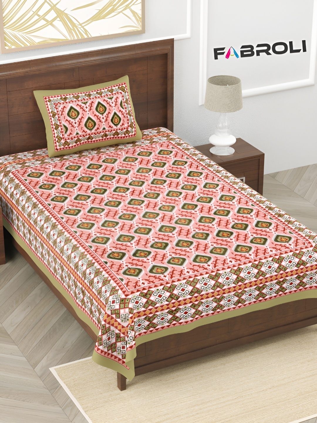 

FABROLI Red& Green Floral Cotton 130 TC Single Bedsheet with 1 Pillow Covers