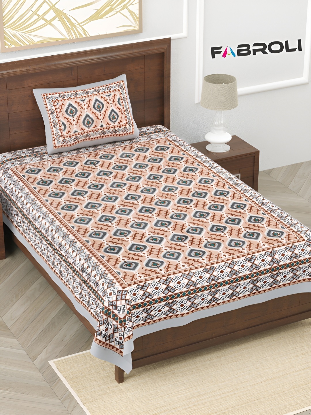 

FABROLI Green& Brown Ethnic Motifs Cotton 240 TC Single Bedsheet with 1 Pillow Covers