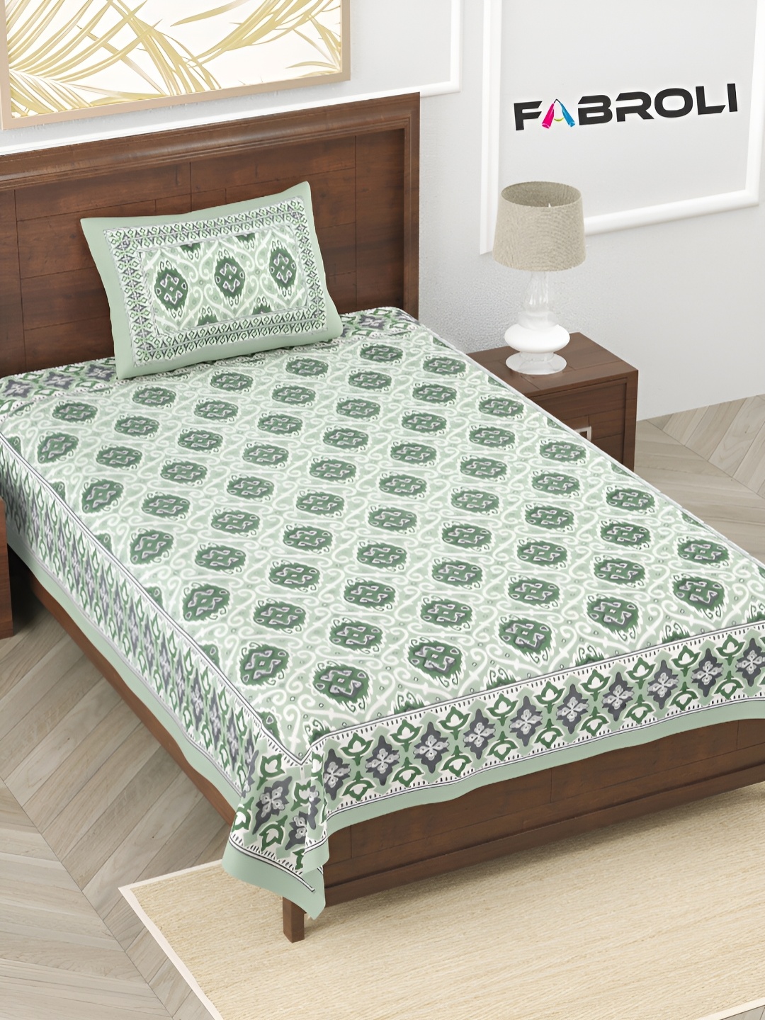

FABROLI Green& White Floral Cotton 240 TC Single Bedsheet with 1 Pillow Covers
