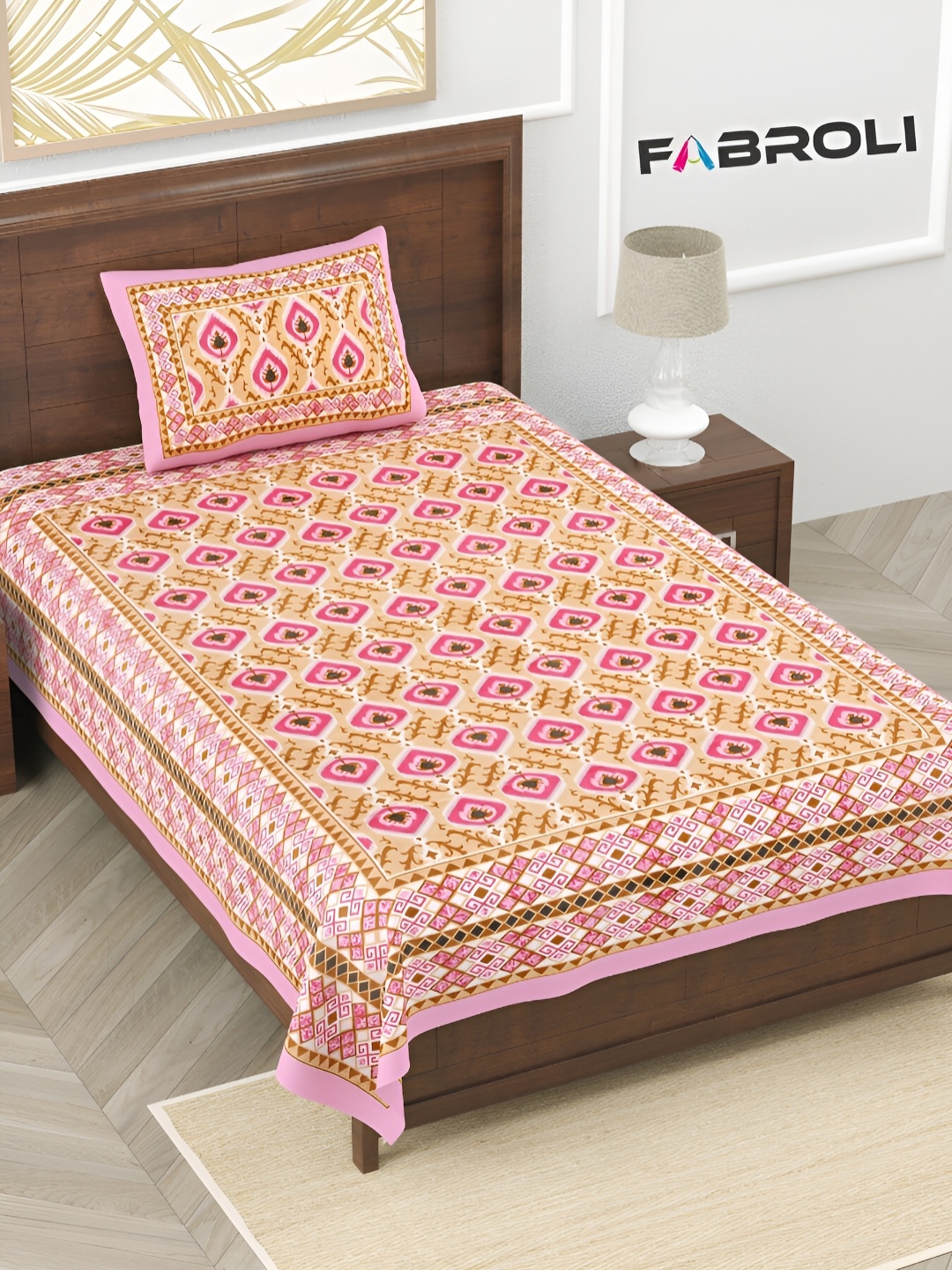 

FABROLI Cream &Pink Ethnic Motifs Cotton 240 TC Single Bedsheet with 1 Pillow Covers