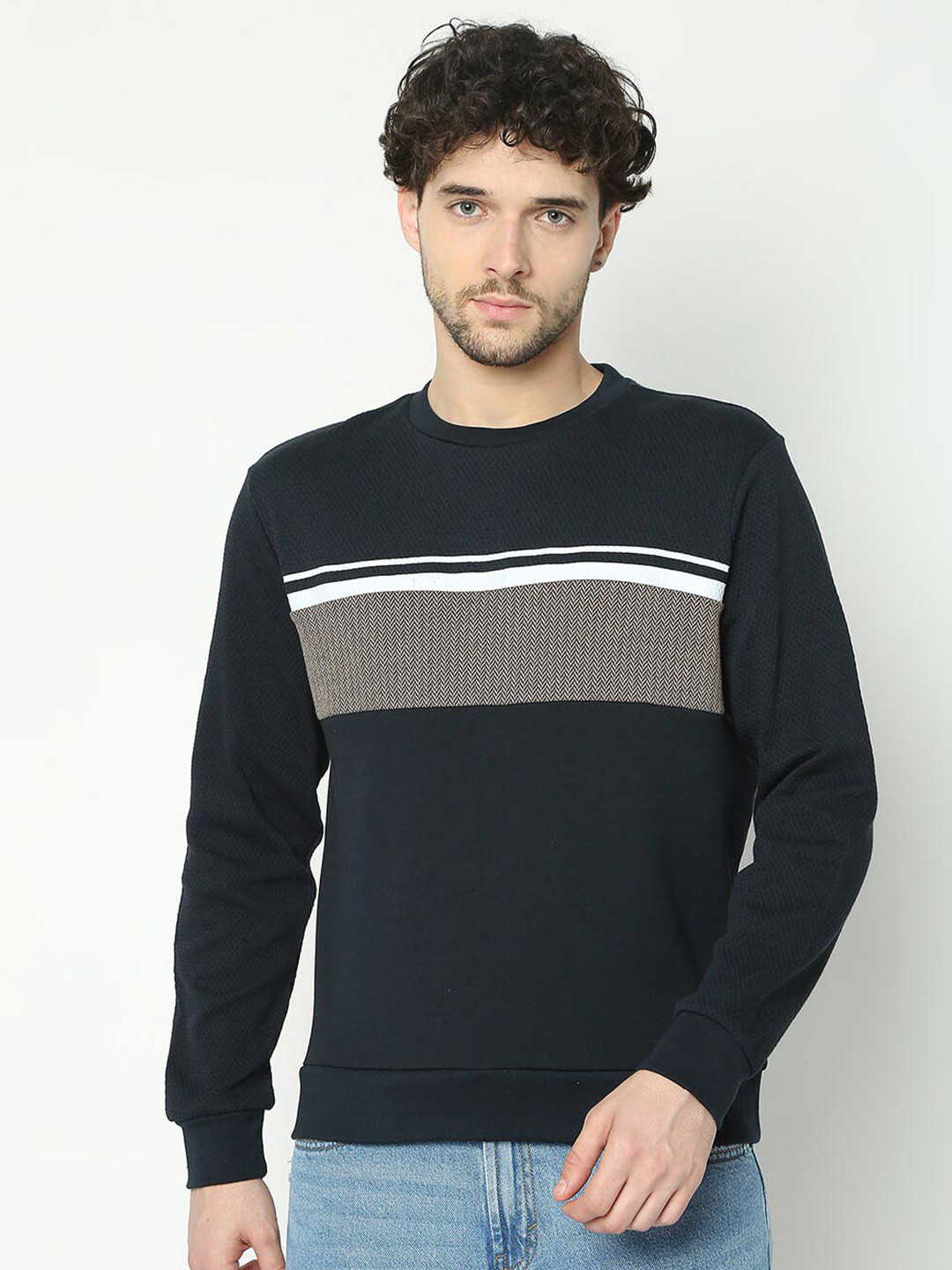 

R&B Striped Round Neck Cotton Sweatshirt, Blue