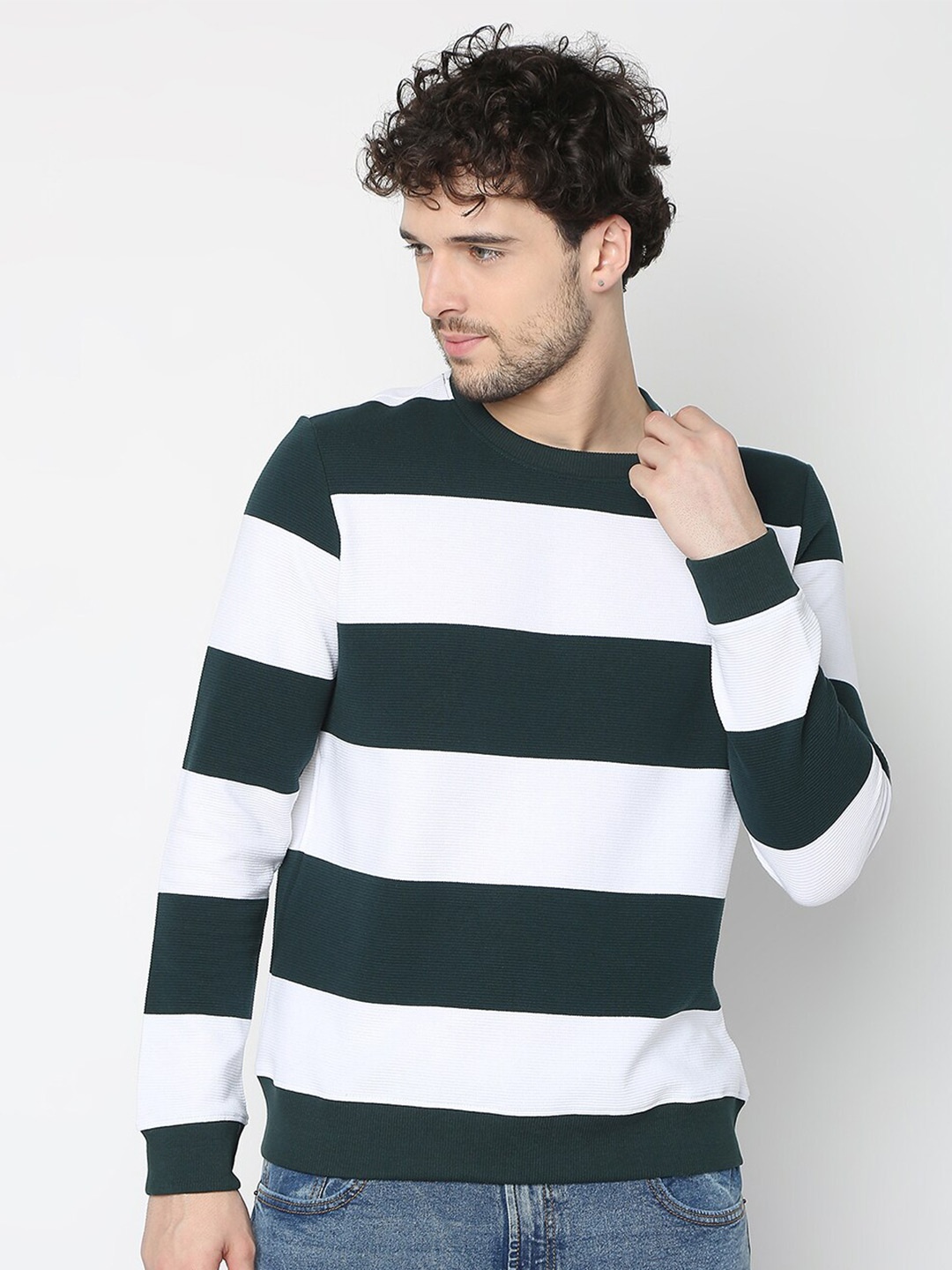 

R&B Striped Cotton Pullover Sweatshirt, Blue
