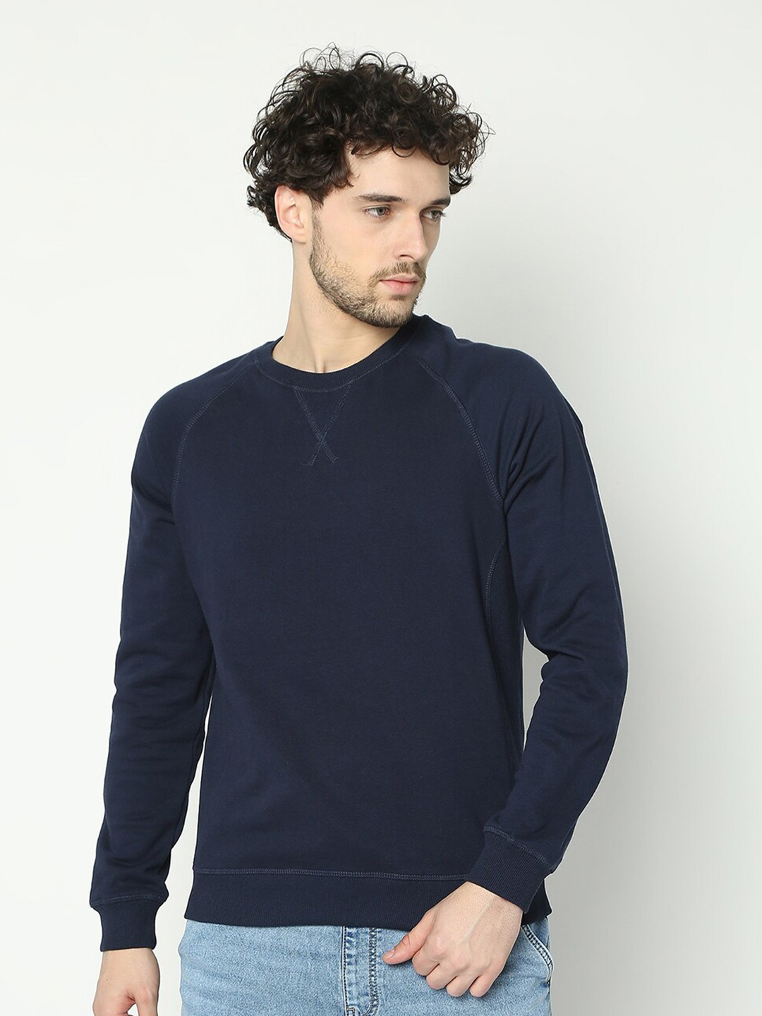 

R&B Round Neck Cotton Pullover Sweatshirt, Blue