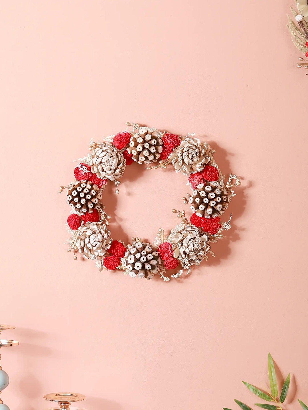 

Nestasia Red & Beige Dried Eco-Friendly Sola Flower Wreath Wall Decor