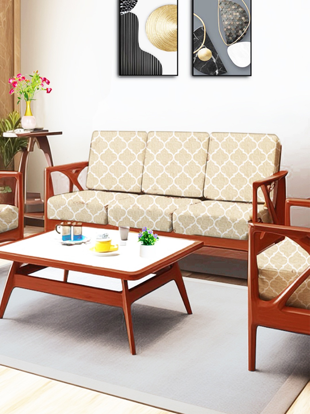 

ohello 10 Pcs Textured Beige Stretchable Elasticated Printed Polyester Sofa Seat Covers, Camel brown