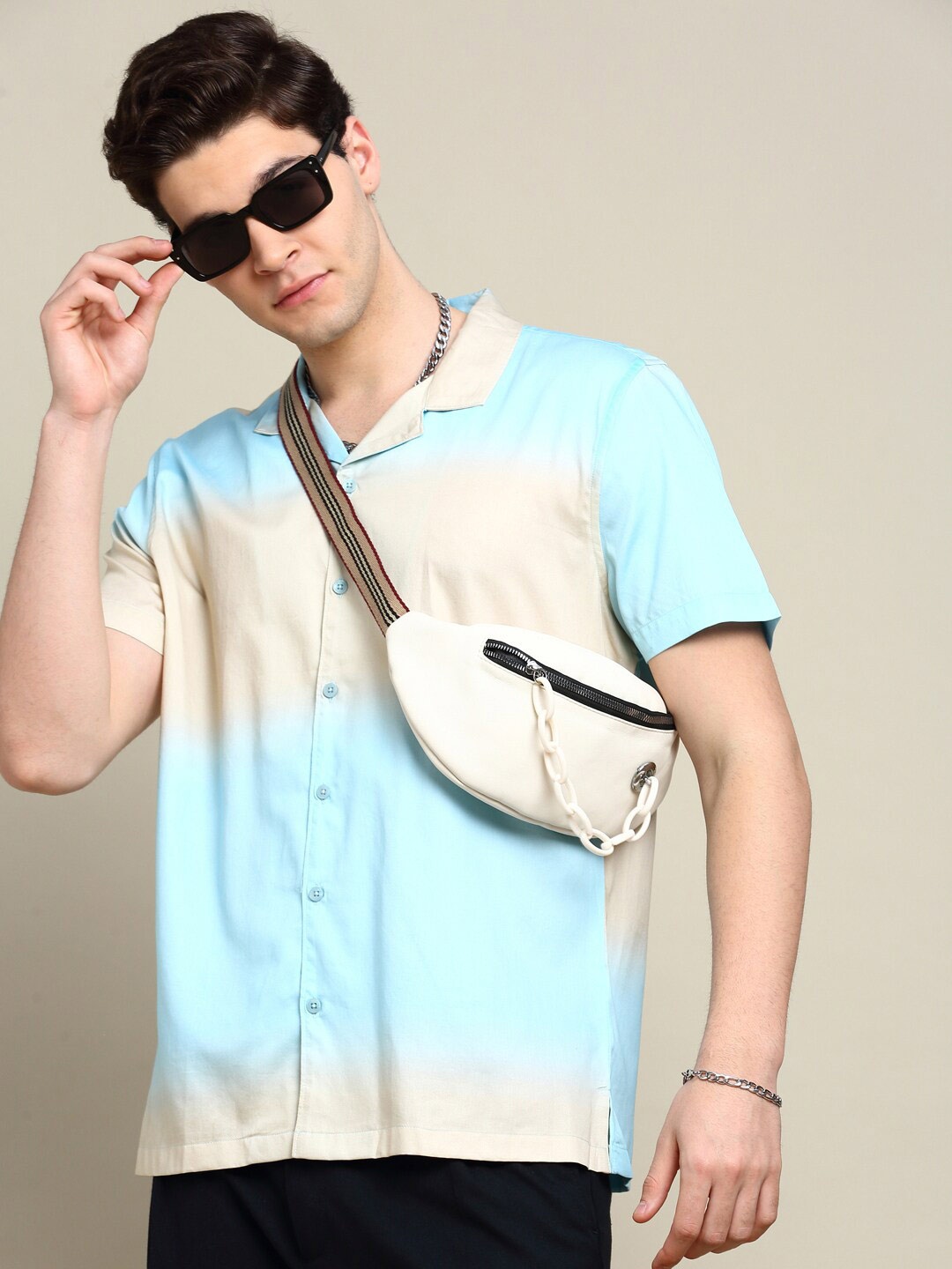 

INVICTUS Club Slim Fit Ombre Printed Cuban Collar Cotton Casual Shirt, Blue
