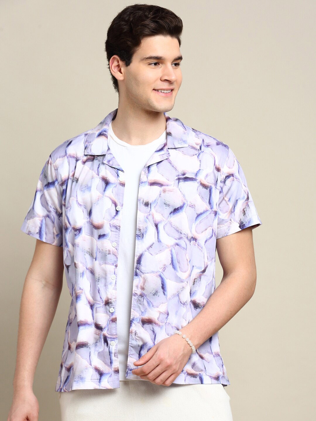

INVICTUS Club Slim Fit Abstract Printed Cuban Collar Cotton Casual Shirt, Lavender