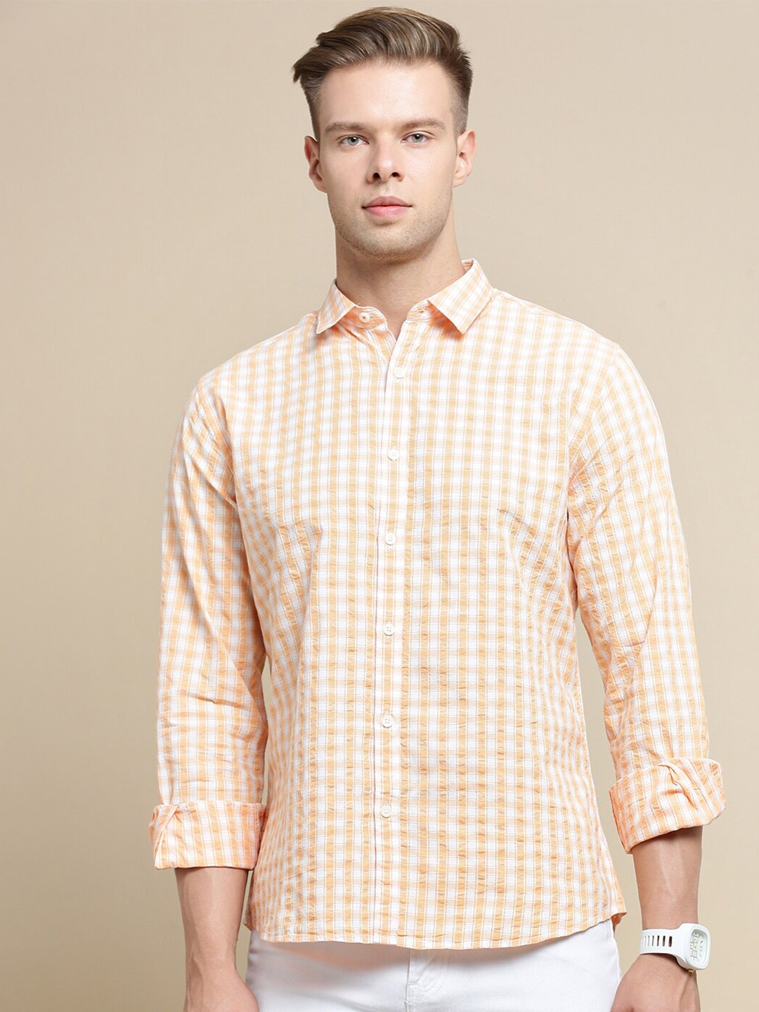 

INVICTUS Gingham Checks Sport Seersucker Slim Fit Cotton Casual Shirt, White