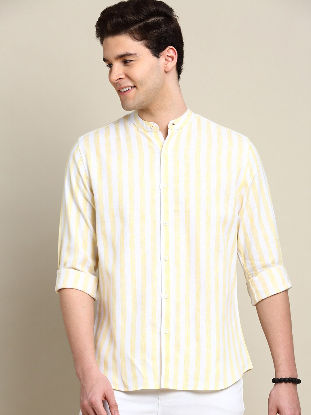 

INVICTUS Sport Vertical Striped Slim Fit Chambray Cotton Shirt, Yellow