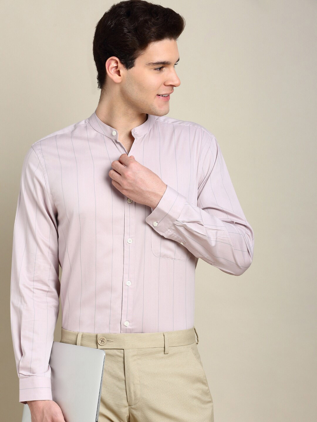 

INVICTUS Striped Standard Twill Slim Fit Cotton Formal Shirt, Peach