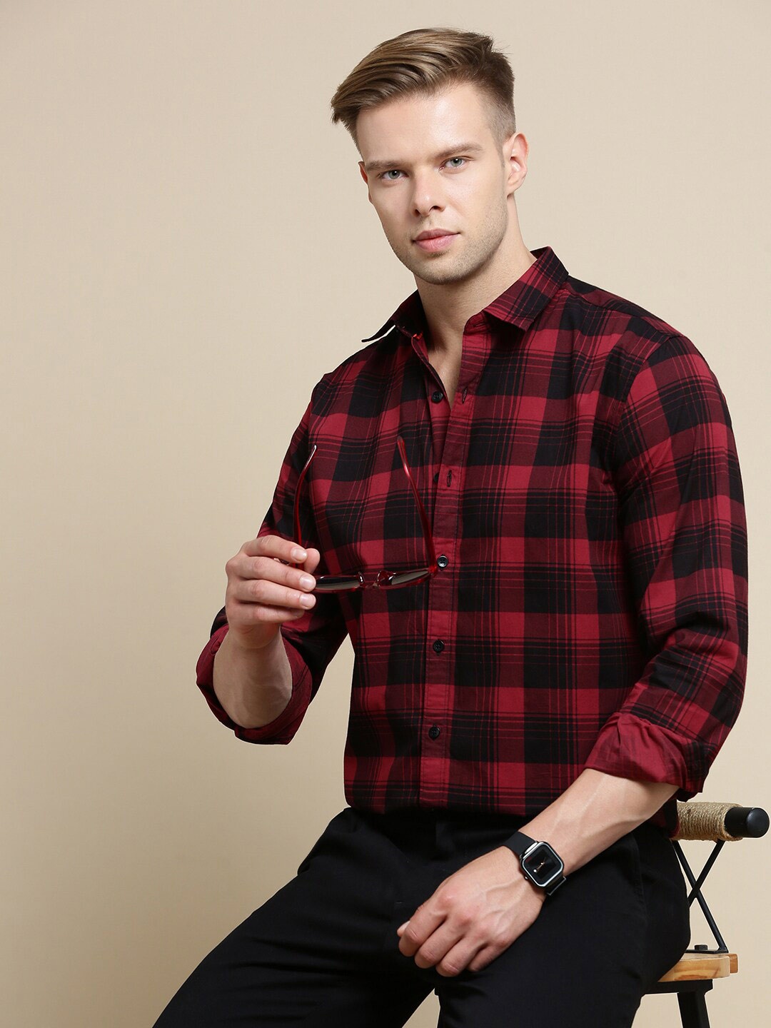 

INVICTUS Sport Slim Fit Tartan Checks Spread Collar Long Sleeve Cotton Casual Shirt, Maroon