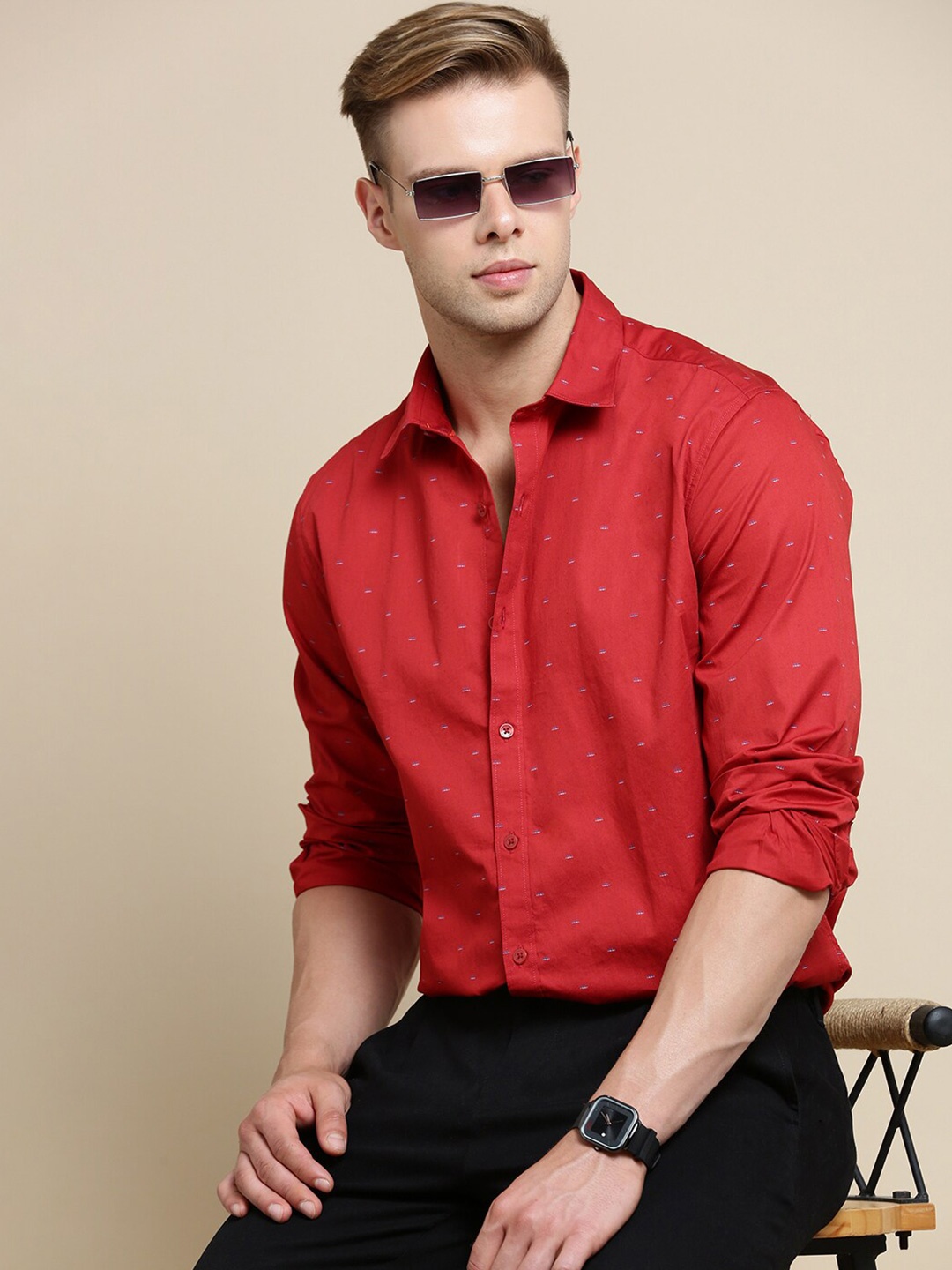 

INVICTUS Micro Ditsy Printed Sport Slim Fit Cotton Casual Shirt, Red