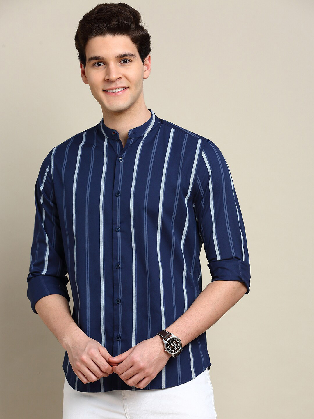 

INVICTUS Sport Slim Fit Opaque Striped Twill Cotton Casual Shirt, Navy blue