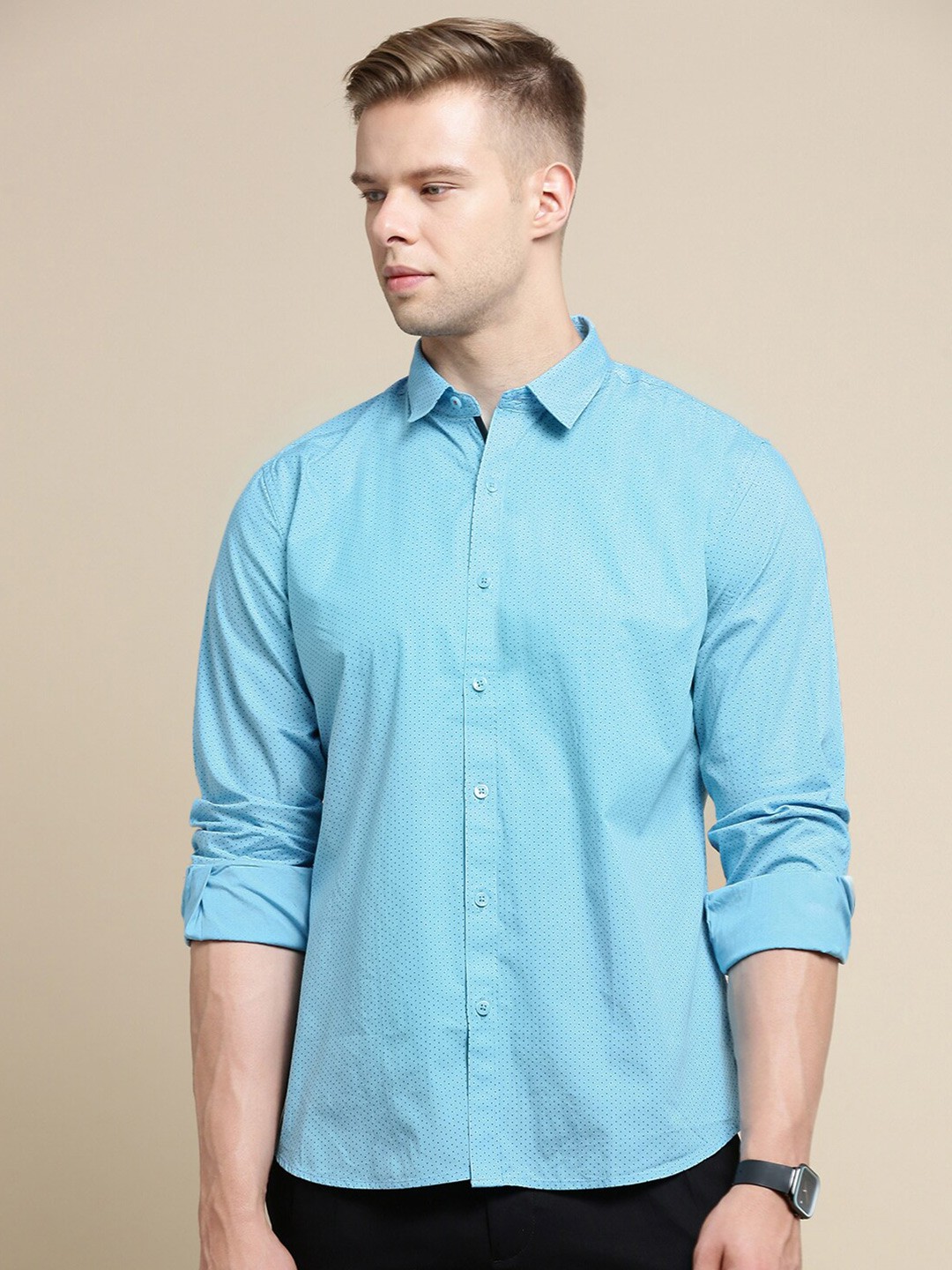 

INVICTUS Sport Slim Fit Micro Ditsy Printed Long Sleeve Cotton Casual Shirt, Blue